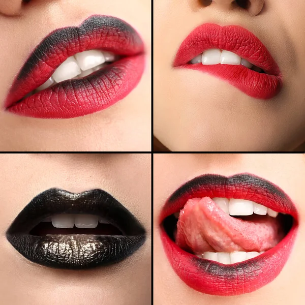 Collage Con Sexy Negro Rojo Labios Femeninos Primer Plano —  Fotos de Stock