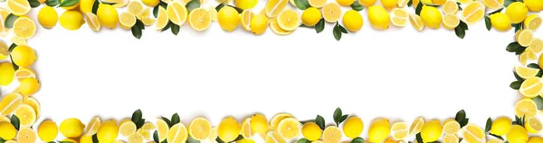 多くの熟したレモンで作られたフレームテキストのためのスペースを持つ白い背景に — ストック写真