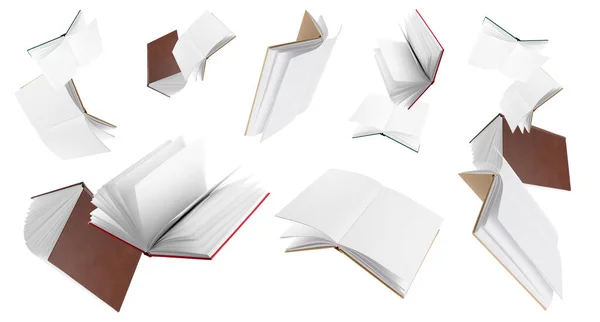 Muchos Libros Voladores Aislados Blanco — Foto de Stock