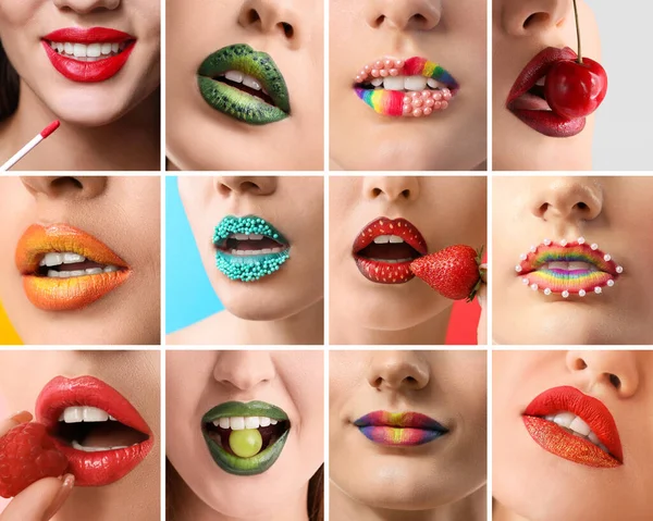 Collage Con Hermoso Maquillaje Creativo Labios Femeninos Primer Plano —  Fotos de Stock