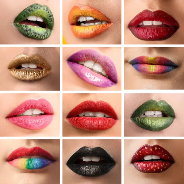 Colagem Com Bela Maquiagem Criativa Lábios Close — Fotografia de Stock