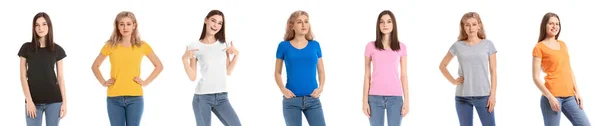 Uppsättning Vackra Unga Kvinnor Moderna Shirts Isolerade Vitt — Stockfoto
