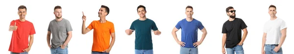 Uppsättning Stiliga Unga Män Moderna Shirts Isolerade Vitt — Stockfoto