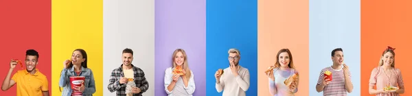 Zestaw Młodych Ludzi Jedzących Fast Food Kolorowym Tle — Zdjęcie stockowe