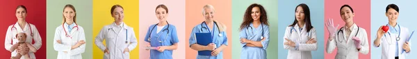 Renkli Arka Planda Kadın Doktorlarla Kolaj — Stok fotoğraf