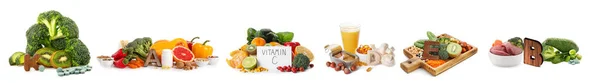 Verschillende Gezonde Producten Vitaminepillen Witte Achtergrond — Stockfoto