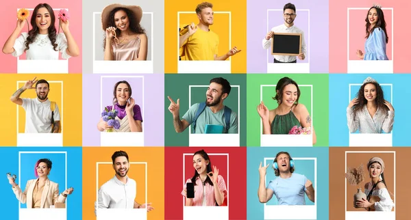 Set Different People Looking Out Photo Frames Colorful Background — Stock Photo, Image