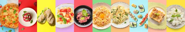 Set Traditional Italian Dishes Colorful Background Top View — Stock Photo, Image