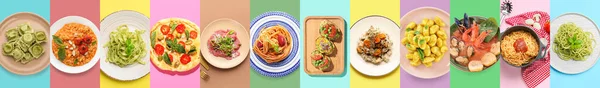 Zestaw Tradycyjnych Dań Kuchni Włoskiej Kolorowym Tle Widok Góry — Zdjęcie stockowe