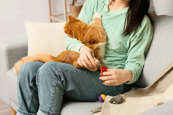 Young Woman Cutting Cat Claws Home Closeup — Stock Photo, Image