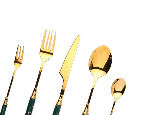 Set Stainless Steel Cutlery White Background Closeup — Stok Foto