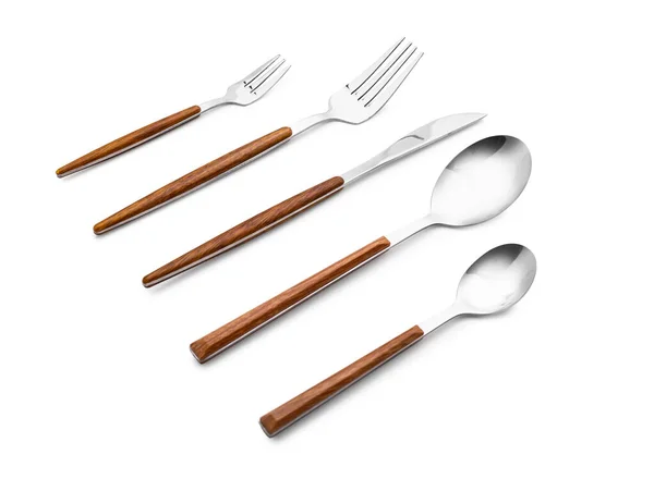 Set Dari Stainless Steel Cutlery Dengan Pegangan Kayu Pada Latar — Stok Foto