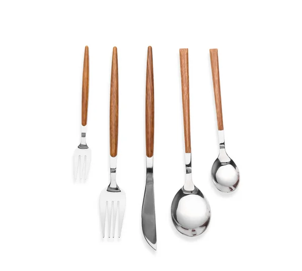 Set Stainless Steel Cutlery Wooden Handle White Background — Stock Photo, Image