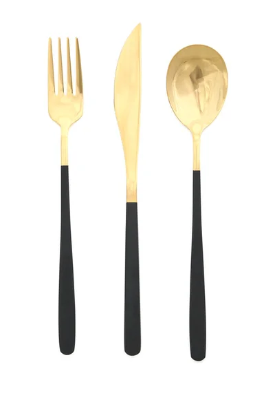 Set Dari Stainless Steel Cutlery Dengan Gagang Hitam Pada Latar — Stok Foto