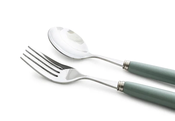 Stainless Steel Spoon Fork Green Handle White Background — Stock Photo, Image