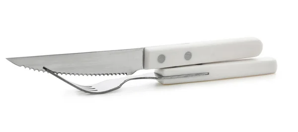 Gabel Und Messer Aus Edelstahl Mit Kunststoffgriff Auf Weißem Hintergrund — Stockfoto
