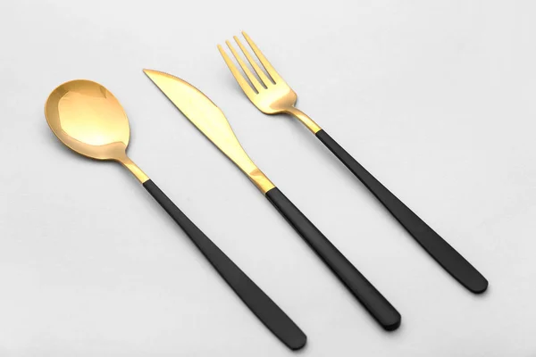 Set Stainless Steel Cutlery Black Handle White Background — Stock Photo, Image