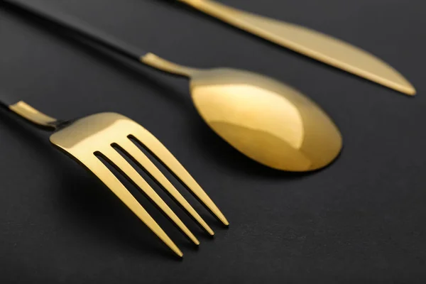 Stylish Stainless Steel Cutlery Black Background Closeup — Stock Photo, Image