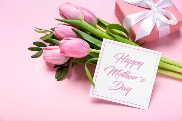 Card Text Happy Mother Day Tulips Gift Box Pink Background — Stock Photo, Image