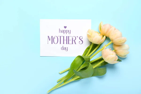 Cartão Com Texto Happy Mãe Day Flores Fundo Azul — Fotografia de Stock