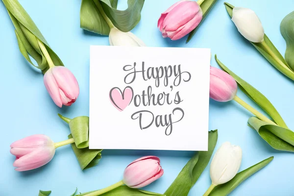 Karta Tekstem Dzień Matki Tulipany Niebieskim Tle — Zdjęcie stockowe