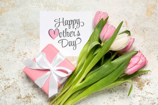 Card Text Happy Mother Day Gift Box Bouquet Tulips Grunge — Zdjęcie stockowe