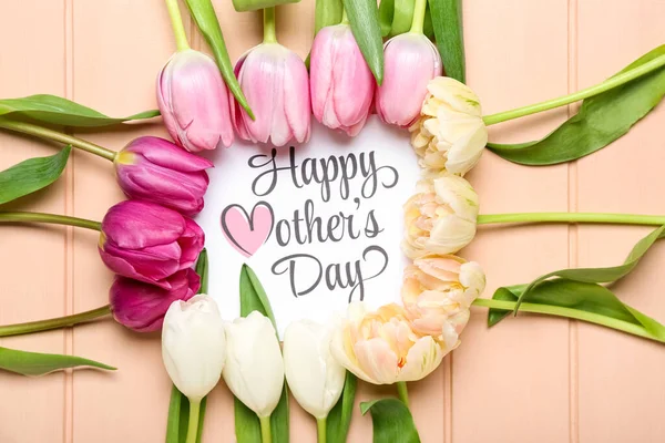 Card Text Happy Mother Day Flowers Pink Wooden Background — Photo