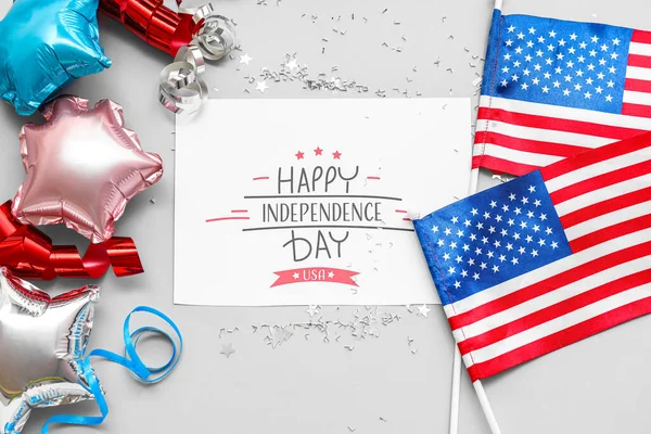 Greeting Card Text Happy Independence Day Balloons Confetti Usa Flags — Stock Photo, Image