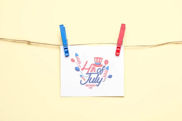 Greeting Card Independence Day Rope Clothespins Beige Background — Stock Photo, Image