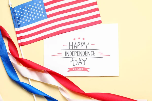 Gratulationskort Med Texten Happy Independence Day Usa Flagga Och Band — Stockfoto