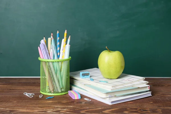 School Stationery Apple Table Green Chalkboard — Stock Photo, Image