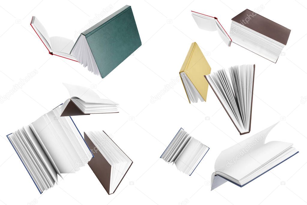 Many flying books isolated on white