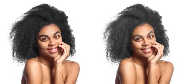 Beyaz arka planda güzel, genç ve olgun bir Afro-Amerikan kadının portresi. Yaşlanma süreci