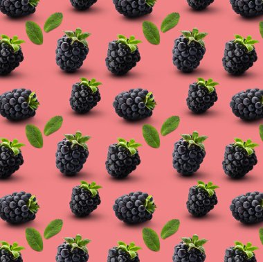 Pembe arka planda bir sürü olgun böğürtlen ve nane yaprağı. Tasarım için desen