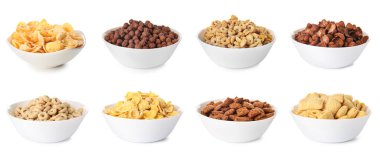 Farklı lezzetli kahvaltı gevrekleri ve beyaz tenli kaseler.