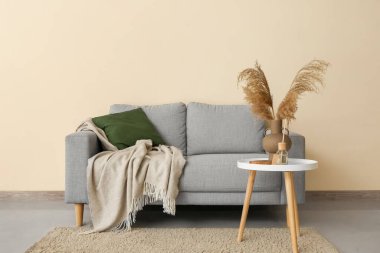 Gri kanepesi ve masası olan oturma odasının içinde.