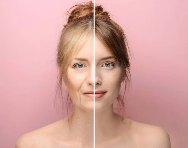 Porovnávací Portrét Ženy Růžovém Pozadí Proces Stárnutí — Stock fotografie