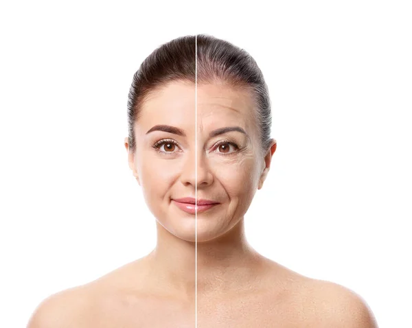 Σύγκριση Πορτρέτο Της Γυναίκας Λευκό Φόντο Διαδικασία Γήρανσης — Φωτογραφία Αρχείου