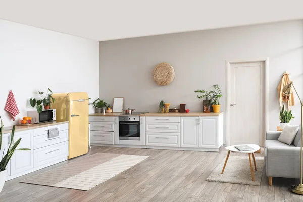 Interior Modern Kitchen Stylish Yellow Refrigerator — Stock Photo, Image