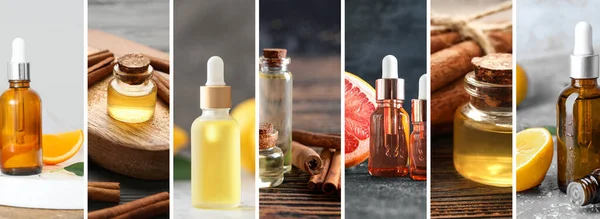 Collage Met Verschillende Aromatische Etherische Oliën — Stockfoto