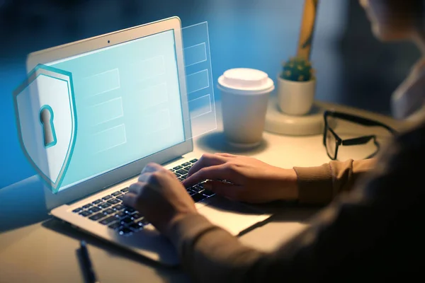 Woman Using Laptop Blocked Screen Table Concept Online Safety — Stock Photo, Image