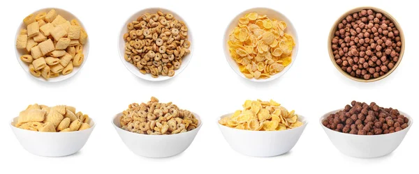 Set Bowls Different Tasty Breakfast Cereals Isolated White — Stock Photo, Image