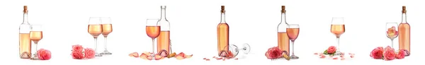 Zestaw Butelek Kieliszków Aromatycznym Winem Płatków Róż Białym Tle — Zdjęcie stockowe