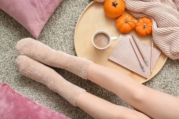 Woman Drinking Tasty Pumpkin Coffee Floor Room — Stock Photo, Image