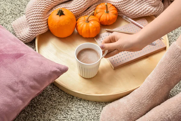 Woman Drinking Tasty Pumpkin Coffee Floor Room — Stock Photo, Image