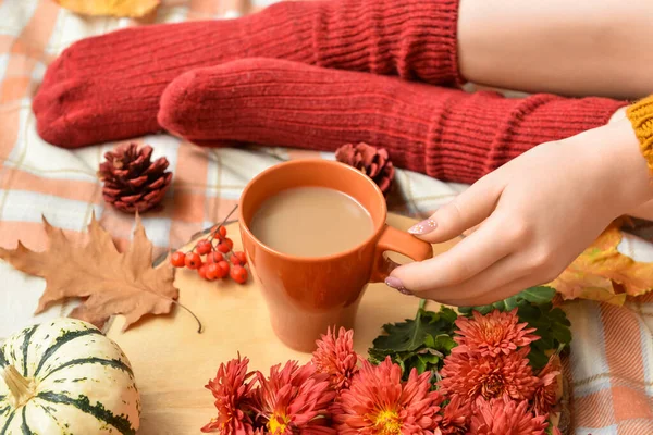 Woman Drinking Tasty Pumpkin Coffee Bed — Stock Photo, Image