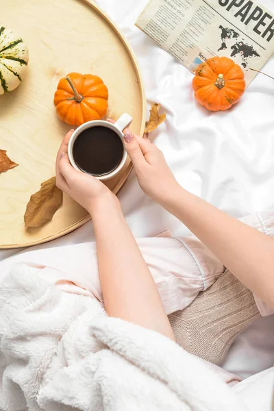 Woman Drinking Tasty Pumpkin Coffee Bed — Stock Photo, Image