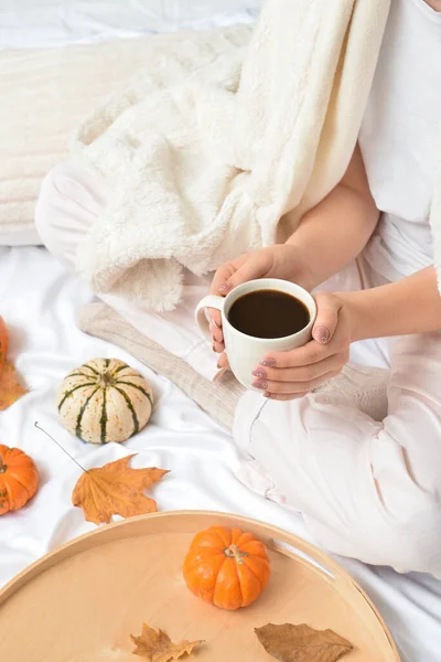 Woman Drinking Tasty Pumpkin Coffee Bed — Stock Photo, Image