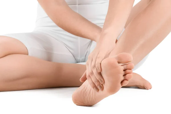 Young Woman Making Foot Massage White Background Closeup — Stock Photo, Image