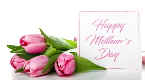 Tarjeta Con Texto Feliz Día Madre Tulipanes Rosados Sobre Fondo — Foto de Stock